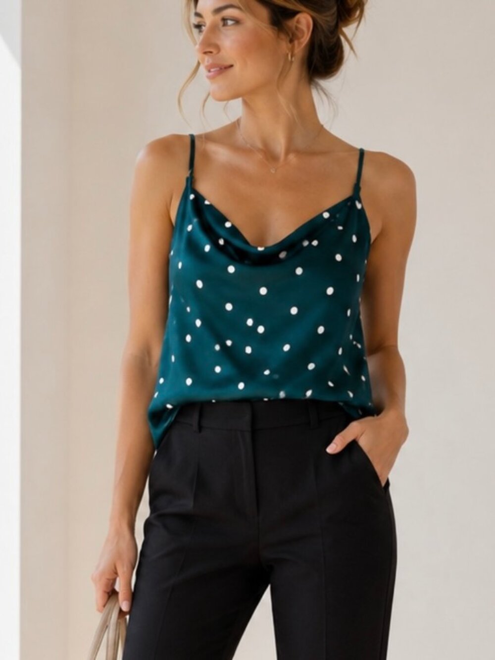 LOFT Teal Polka Dot Cowl Neck Cami Tank Medium Silky Adjustable Strap